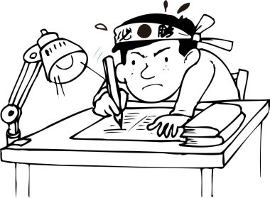 Kararlı öğrenci masa başında çok çalışıyor.