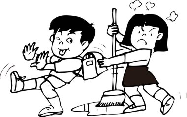 Kızgın kız süpürgeyle yaramaz oğlanı kovalıyor.