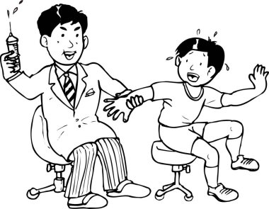 Aşı yaptıran çocuk. Doktor elini tutuyor. siyah ve beyaz basit illüstrasyon