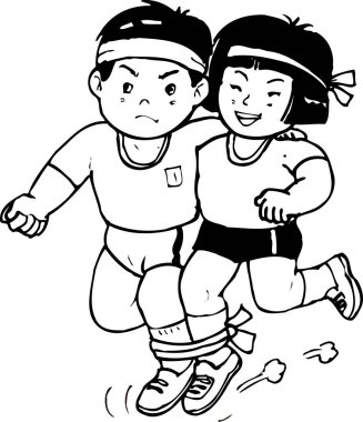 Ayakları bağlı koşan iki çocuk.