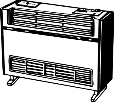 Çizgi çizimi ön ızgara ve kontrol paneli olan küçük bir klima ya da ısıtıcı gösteriyor..