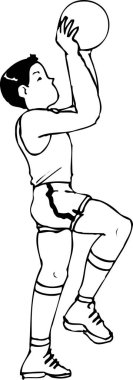 Bir topa vuran erkek basketbolcunun dinamik, siyah-beyaz çizimi..