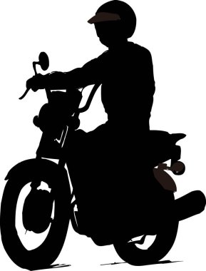 Bir siluet çizimi, kask takan ve motosiklet süren birini gösteriyor..