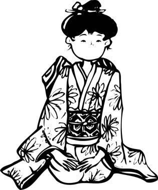 Geleneksel kimonolu güzel bir Japon kadının beyaz arka planda oturuşu.