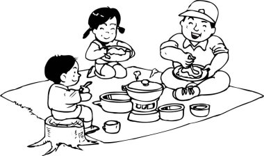 Çizgi çizimi, üç kişilik bir ailenin minder üzerinde piknik yaptığını gösteriyor..