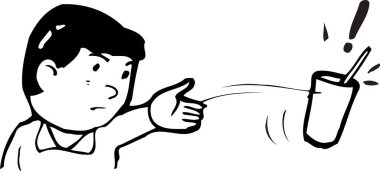 Çizgi çizimi, içinde pipet olan bir bardağı fırlatan kişiyi gösteriyor..