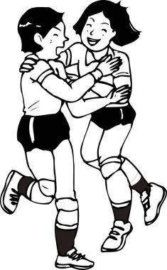 Çizgi çizimleri iki kişiyi gösteriyor, sporcular, zaferi kucaklayarak kutluyorlar..