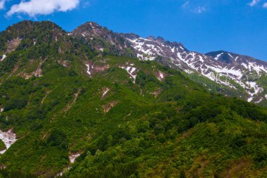 Dağları, yeşil ağaçları ve mavi gökyüzü olan güzel bir manzara.