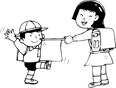 Çizgi çiziminde iki çocuk, bir oğlan ve bir kız ellerinde boş bir bayrak sallıyorlar..