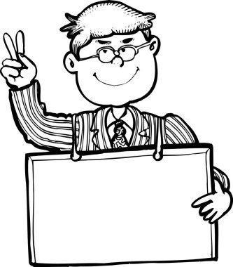 Siyah beyaz bir çizgi film. Resim çizimi. Elinde boş bir tabela tutan bir erkek resmi..