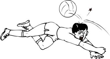 Voleybol maçında düşen adam, beyaz arka planda izole edilmiş basit siyah beyaz çizim