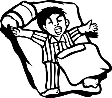 Yatakta bir çizgi film çocuğu uyanıyor. 