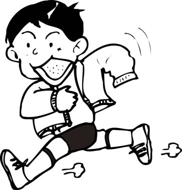 Ağzında sandviçle koşan çocuk, beyaz arka planda izole edilmiş siyah beyaz bir resim.