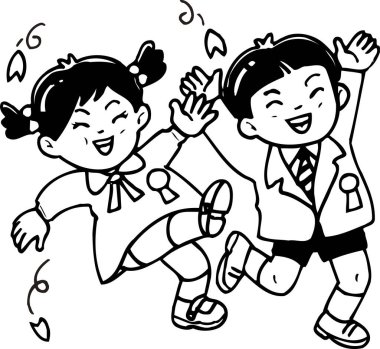 Gülümseyen çocuklar okul üniformalarıyla birlikte zıplıyorlar.