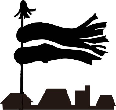 Bir çatıya monte edilmiş rüzgar gülü, beyaz arkaplanda izole edilmiş siyah beyaz çizimler.