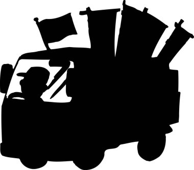 Sürücü ve bayraklı çöp kamyonu silueti