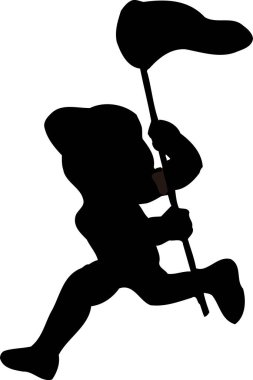 Kelebek ağıyla koşan çocuk, beyaz arka planda izole edilmiş basit siyah beyaz çizim