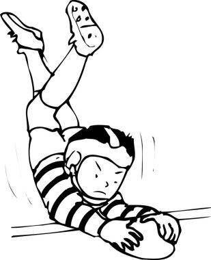 Rugby oynayan çocuk, beyaz arka planda izole edilmiş siyah beyaz çizimler.