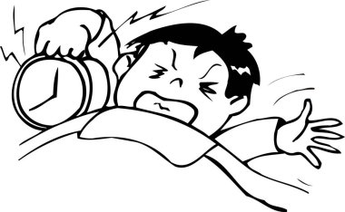 Çalar saatle yatakta kızgın çocuk çizgi filmi. 