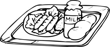 Tepside öğle yemeğinin çizimi. Süt şişesi, ekmek ekmeği ve sebze tabağı.