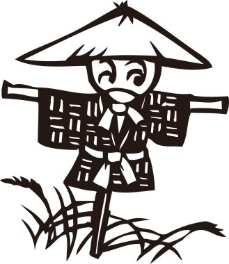 Tarlada korkuluk olan siyah beyaz çizimler