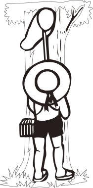 Ormanda kelebek ağlı bir çocuk, beyaz arka planda izole edilmiş siyah beyaz bir illüstrasyon.