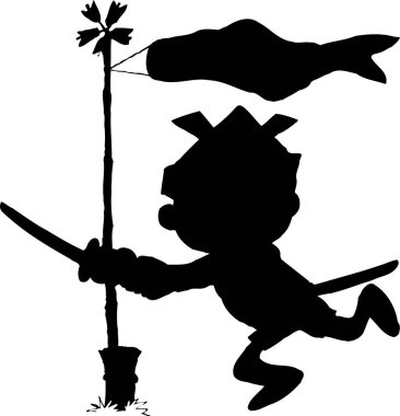 Çizgi film çocuğu bayrak ve kılıç taşıyor.