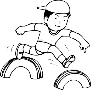 Çocuk parka atlarken siyah-beyaz çizimler 