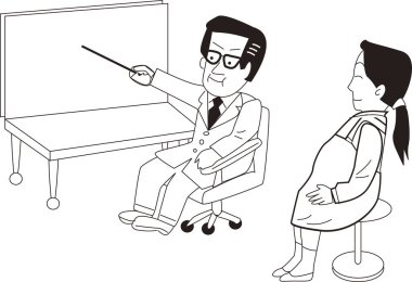 Doktor, beyaz arka planda izole edilmiş basit siyah-beyaz resimli hamile kadın için boş tahtayı işaret ediyor.