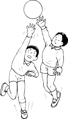 El çizimi çizimi çizimi. Voleybol oynayan erkeklerin olduğu boyama kitabı sayfası    