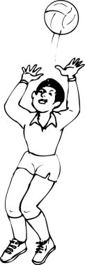 Voleybol oynayan adam, beyaz arka planda izole edilmiş basit siyah beyaz illüstrasyon