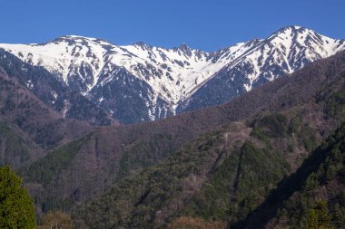 Karlı zirveleri olan dağların güzel manzarası 