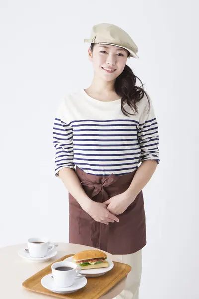 Portrait Beautiful Young Japanese Waitress Stylish Clothes Cafeteria — Stock Photo, Image