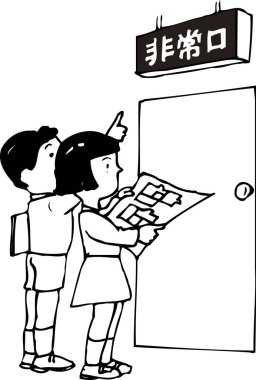 Acil çıkış kapısının yanında harita okuyan iki çocuk.