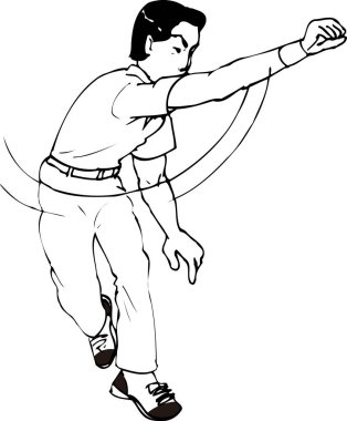 Topu atan Asyalı adam, beyaz arka planda izole edilmiş basit siyah beyaz çizim.