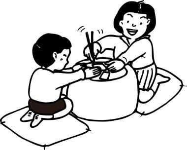 İki çocuk yemek çubuklarıyla mutlu bir şekilde yemek yiyor.