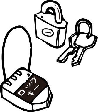 Basit bir resimde, iki asma kilit ve iki anahtar da dahil olmak üzere birkaç güvenlik maddesi.