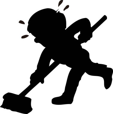 Süpürgesi olan çocuk silueti, beyaz arkaplanda izole edilmiş siyah beyaz bir resim.