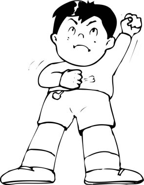 Çizgi filmci çocuğun el kaldırdığı siyah beyaz çizimler.