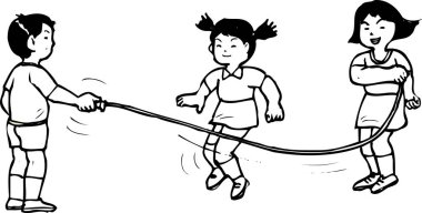 Çocuklar mutlu bir şekilde ip atlıyorlar.