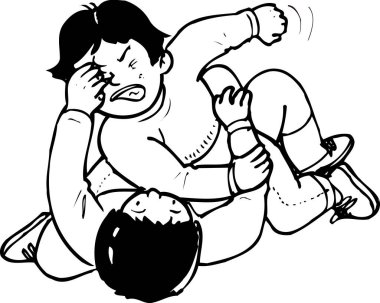 Siyah-beyaz çizimler ve yerde boks yapan adamlar.