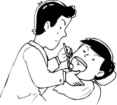  Hastanın dişlerini inceleyen bir dişçinin çizimi. 