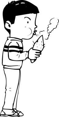 Siyah beyaz çizimler, sıcak sokak yemeklerine üfleyen bir adam.