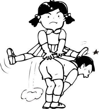 Siyah-beyaz çizimler, kızın erkeğin üzerinden atladığı.