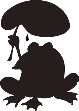 Silüet kurbağa büyük yaprak şemsiye tutuyor.