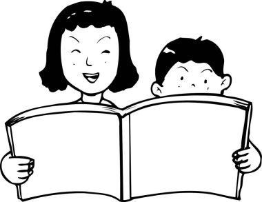 Oğlu için kitap okuyan genç bir kadın. siyah ve beyaz basit illüstrasyon