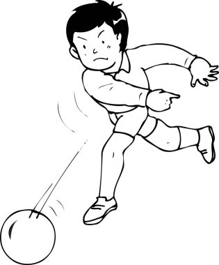 Beyaz arka planda topa vuran bir çocuğun karikatür çizimi. 