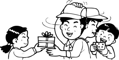 Siyah beyaz çizimler, mutlu aile ve hediyeler.