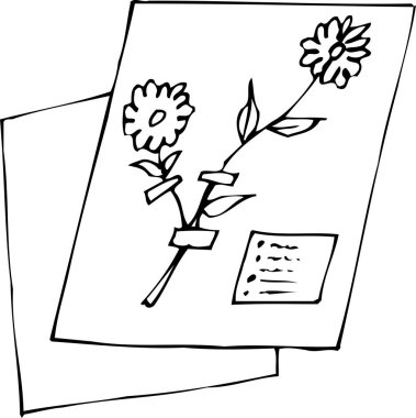 Çiçekli hediye kartı, beyaz arkaplanda izole edilmiş siyah beyaz çizimler.