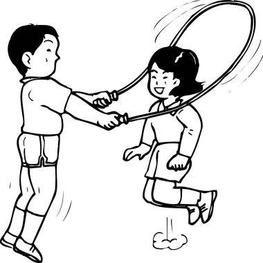 El çizimi çizimi çizimi. Erkek ve kızın ip üstünde zıpladığı boyama kitabı sayfası. 